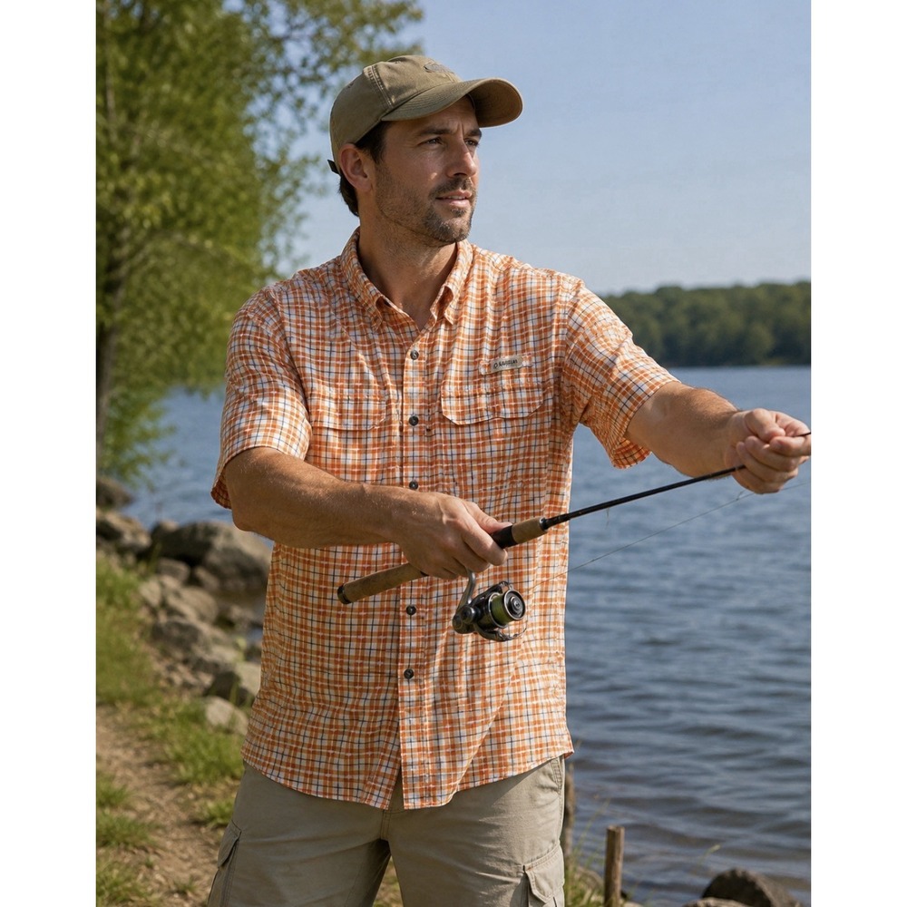Magellan Outdoors Fish Gear Relaxed Fit Orange Plaid Short Sleeve Shirt XL